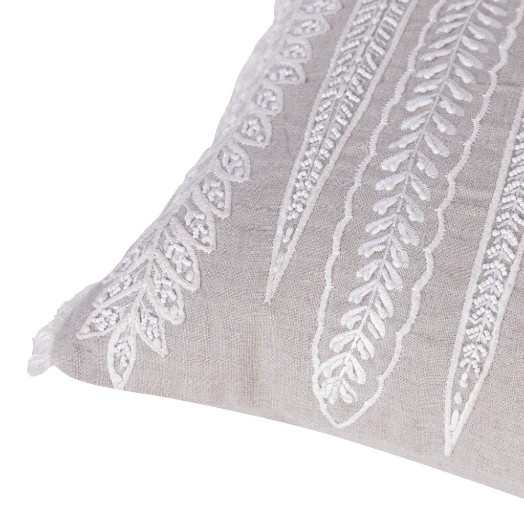 Natural & Ivory Floral Linen Pillow w/ Embroidery