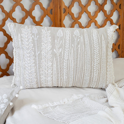Natural & Ivory Floral Linen Pillow w/ Embroidery