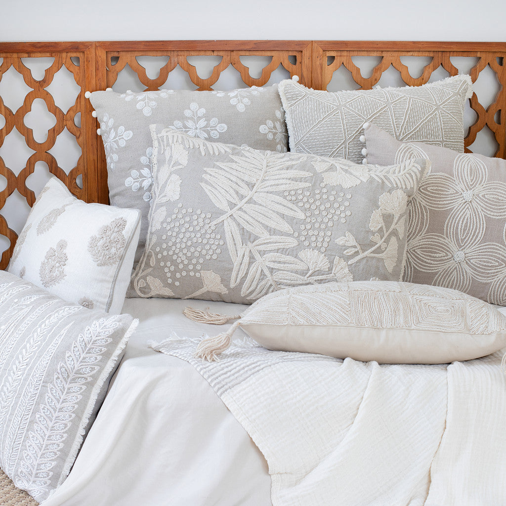 Natural & Ivory Floral Linen Pillow w/ Embroidery