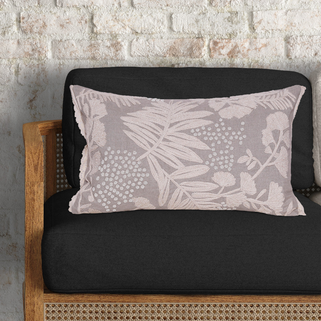 Natural & Ivory Botanical Linen Pillow w/ Embroidery