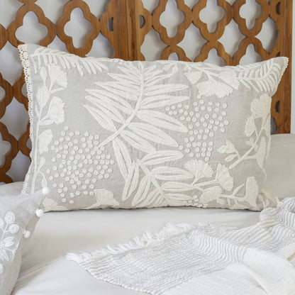 Natural & Ivory Botanical Linen Pillow w/ Embroidery