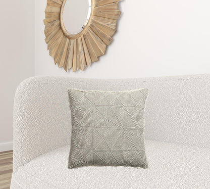 Beige & Ivory Geometric Linen Pillow w/ Embroidery, Fringe