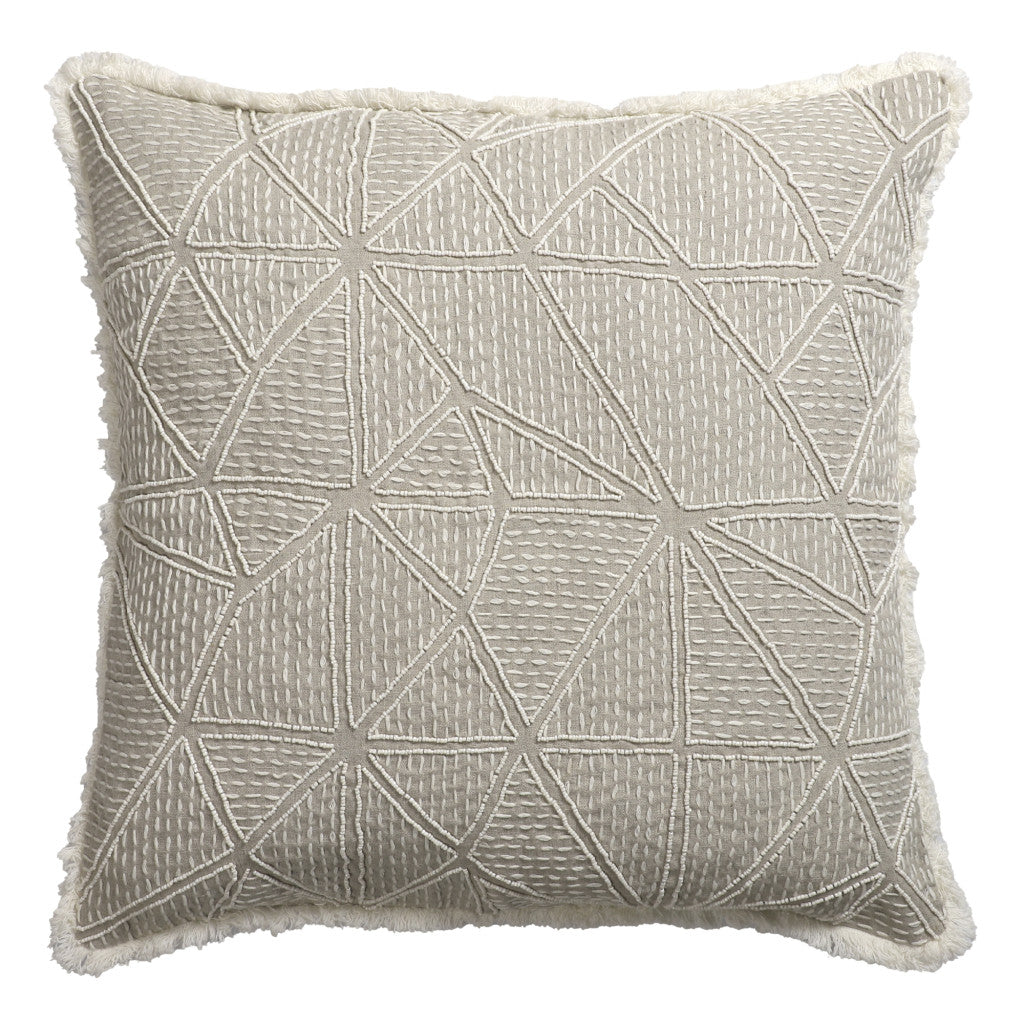Beige & Ivory Geometric Linen Pillow w/ Embroidery, Fringe