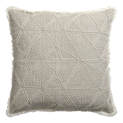 Beige & Ivory Geometric Linen Pillow w/ Embroidery, Fringe