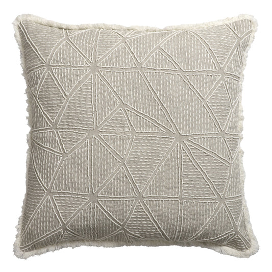 Beige & Ivory Geometric Linen Pillow w/ Embroidery, Fringe