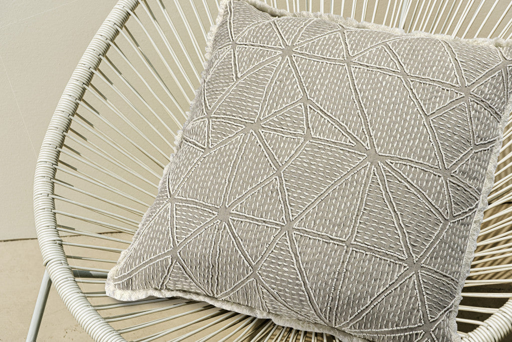 Beige & Ivory Geometric Linen Pillow w/ Embroidery, Fringe