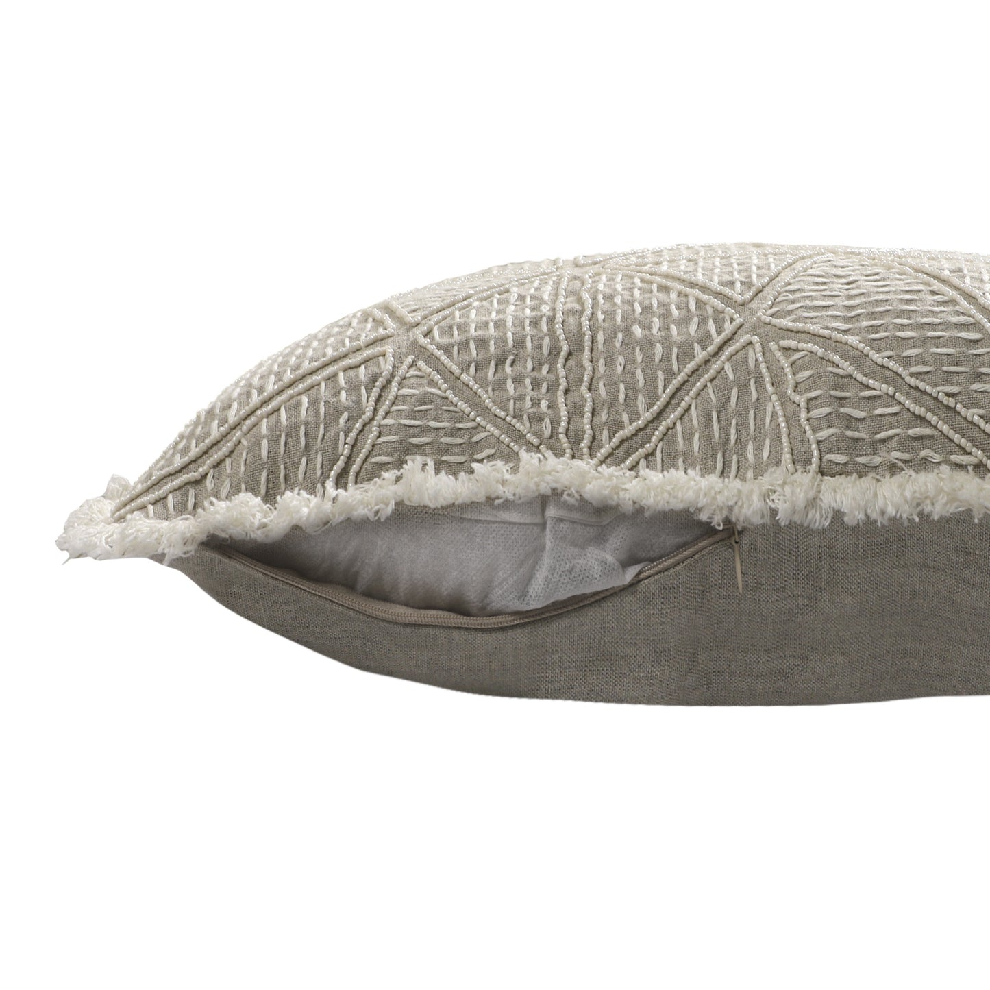 Beige & Ivory Geometric Linen Pillow w/ Embroidery, Fringe