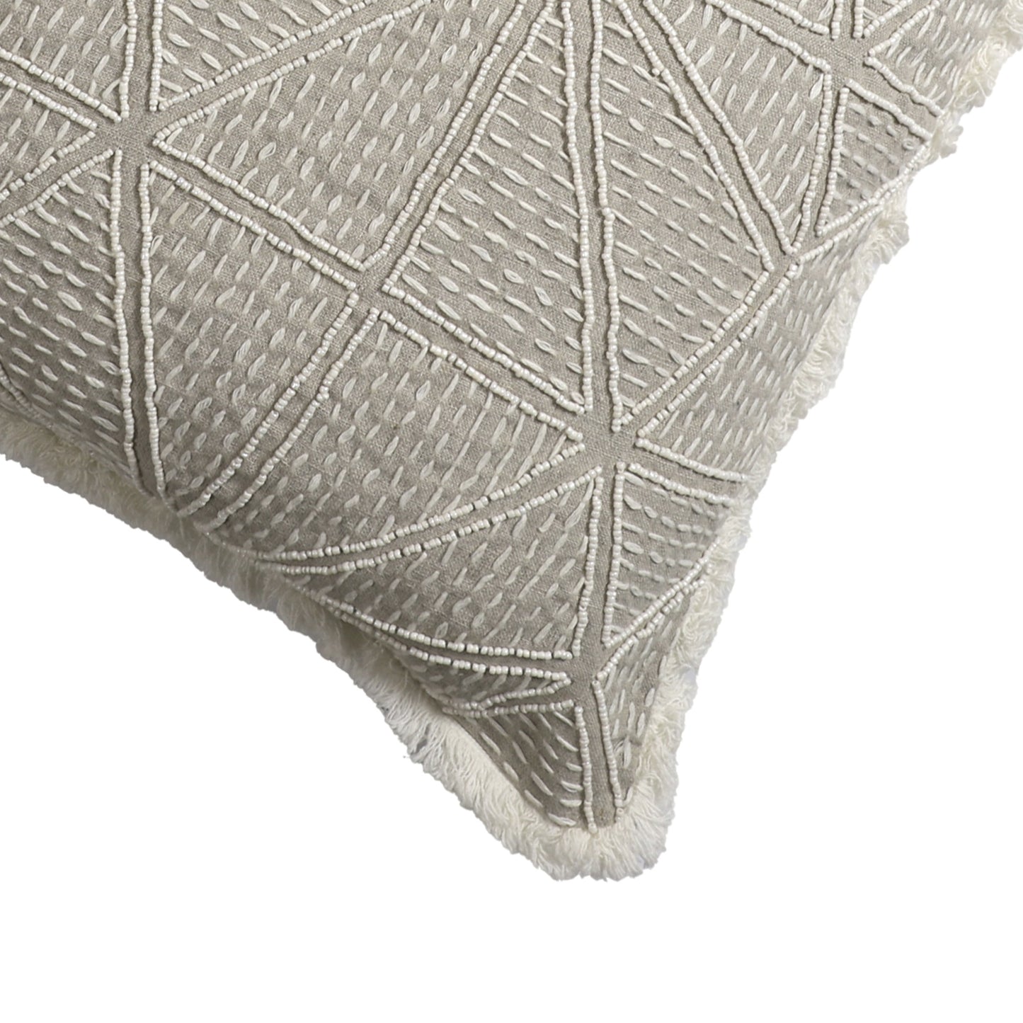 Beige & Ivory Geometric Linen Pillow w/ Embroidery, Fringe