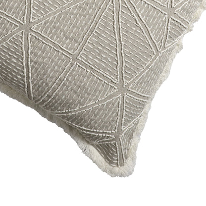 Beige & Ivory Geometric Linen Pillow w/ Embroidery, Fringe