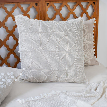 Beige & Ivory Geometric Linen Pillow w/ Embroidery, Fringe
