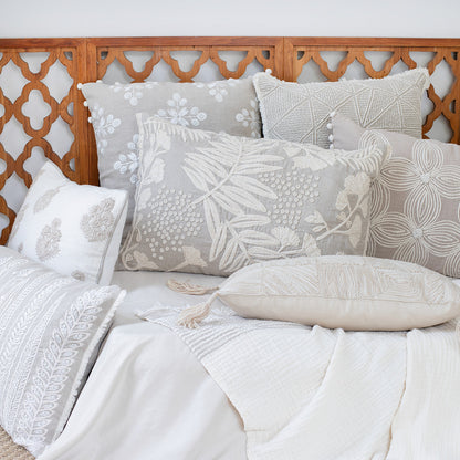 Beige & Ivory Geometric Linen Pillow w/ Embroidery, Fringe