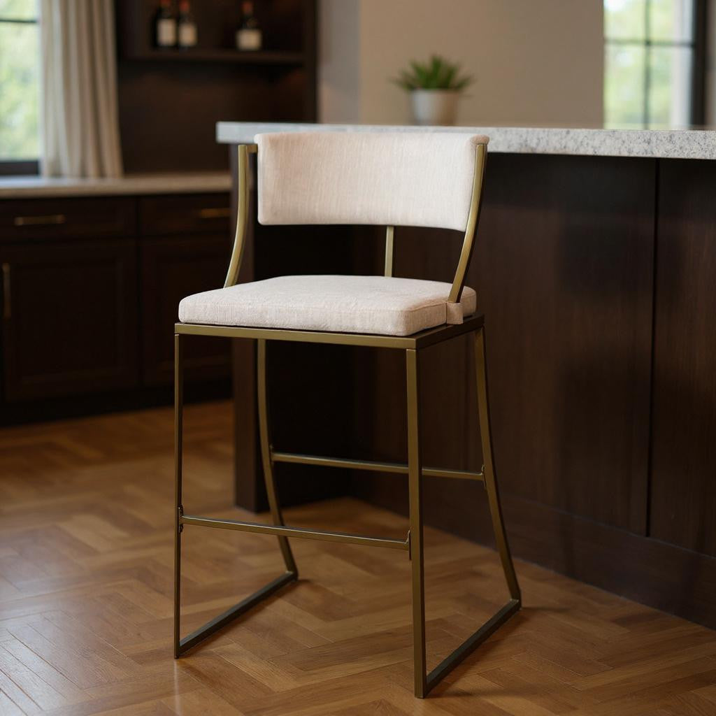 Beige & Antiqued Brass Steel Low Back Bar Height Bar Chair