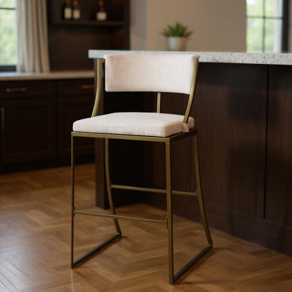Beige & Antiqued Brass Steel Low Back Bar Height Bar Chair