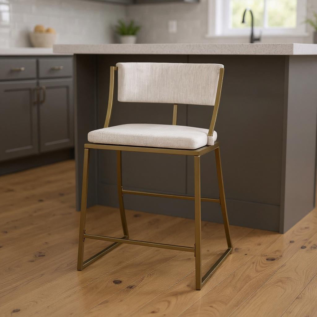 Beige & Antiqued Brass Steel Low Back Counter Height Bar Chair