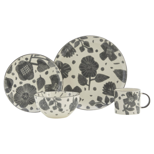 Gray and Ivory 16-Piece Round Floral Ceramic Set of 4 Dinnerware Set