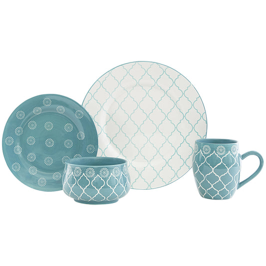 Turquoise 16-Piece Round Trellis Ceramic Set of 4 Dinnerware Set