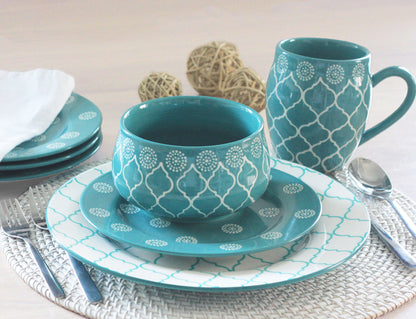 Turquoise 16-Piece Round Trellis Ceramic Set of 4 Dinnerware Set