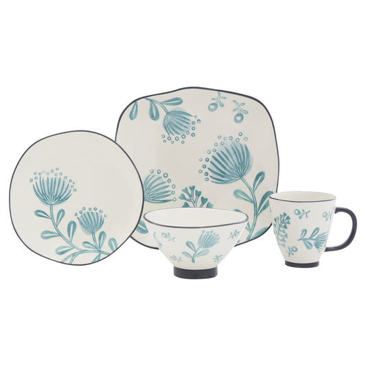 Blue and White 16-Piece Round Floral Ceramic Set of 4 Dinnerware Set