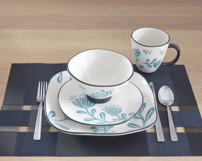 Blue and White 16-Piece Round Floral Ceramic Set of 4 Dinnerware Set