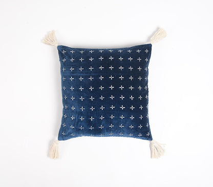 Blue & White Geometric Cotton (Cover Only) w/ Embroidery & Tassels
