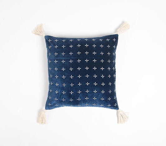Blue & White Geometric Cotton (Cover Only) w/ Embroidery & Tassels