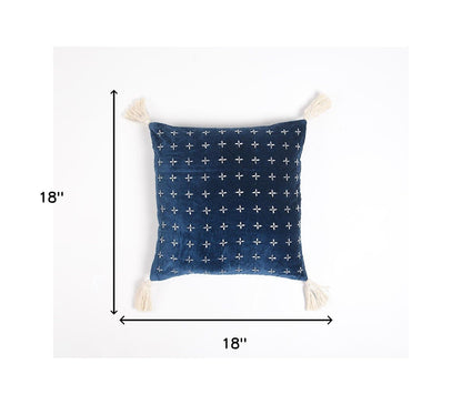 Blue & White Geometric Cotton (Cover Only) w/ Embroidery & Tassels