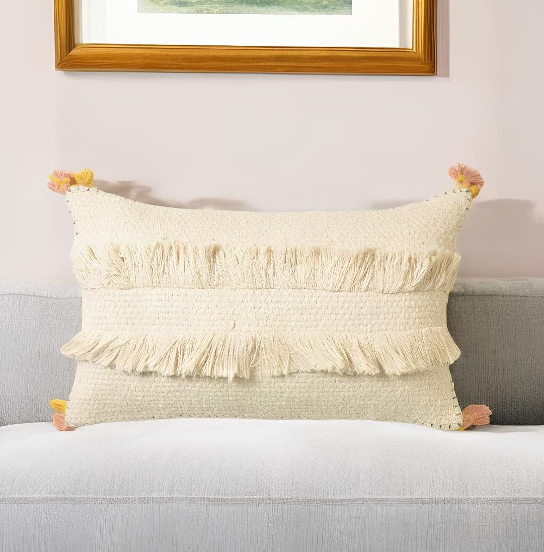 Ivory & White Striped Cotton (Cover Only) w/ Fringe & Tassels
