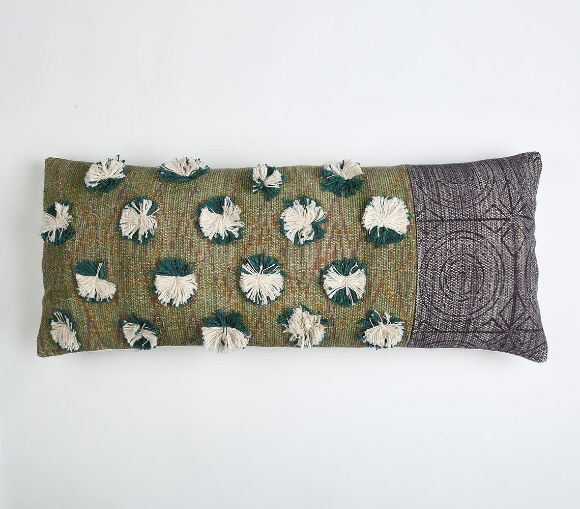 Beige & Green Abstract Cotton (Cover Only) w/ Fringe