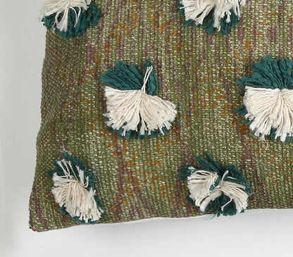 Beige & Green Abstract Cotton (Cover Only) w/ Fringe