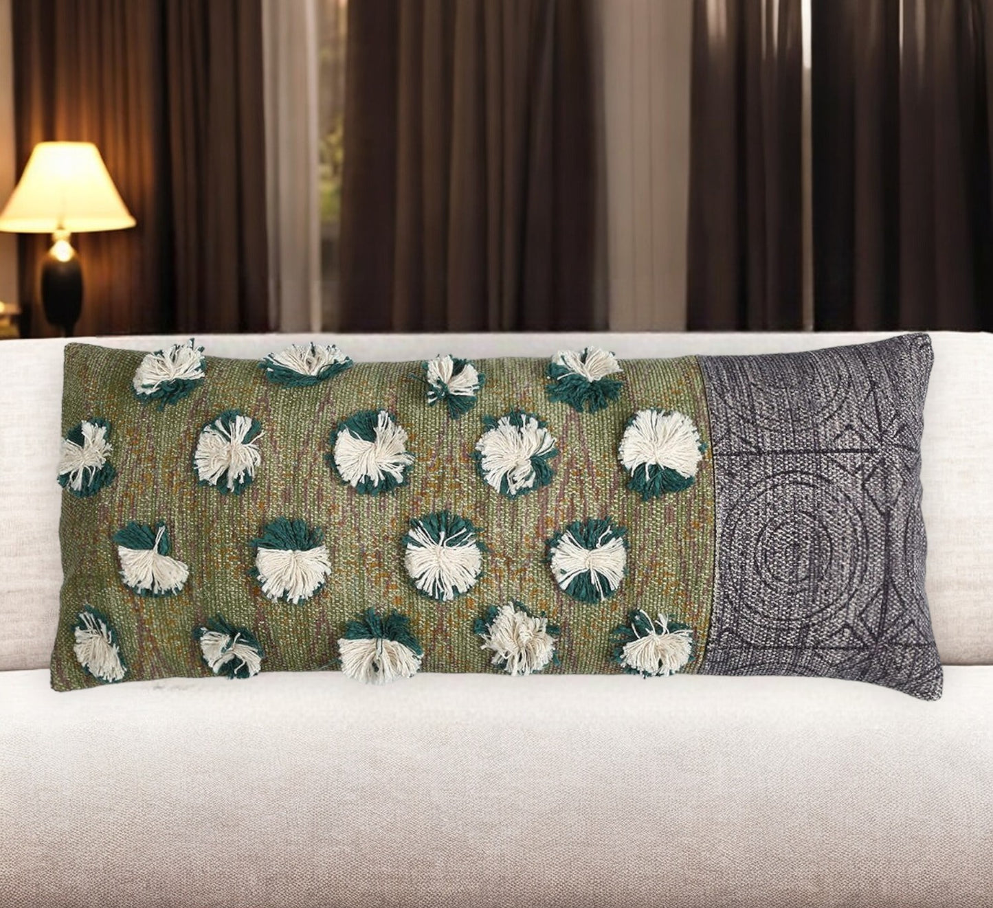 Beige & Green Abstract Cotton (Cover Only) w/ Fringe