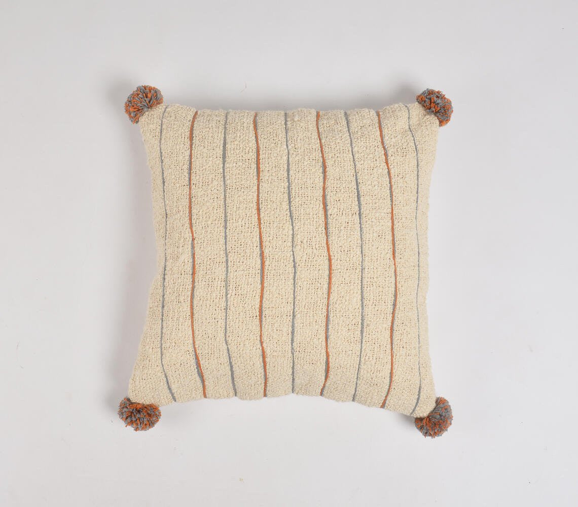 Beige & Orange Linen Cotton (Cover Only) w/ Pom Poms