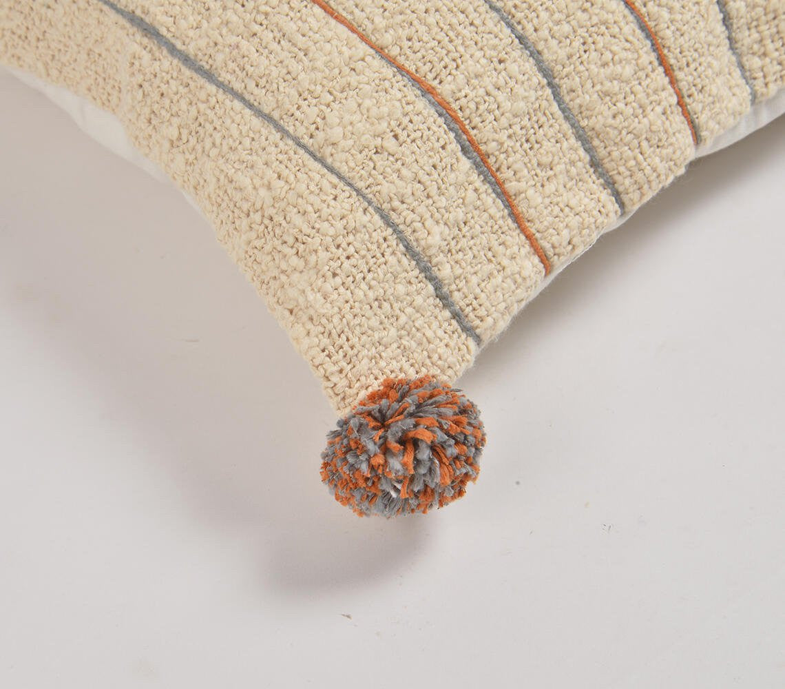 Beige & Orange Linen Cotton (Cover Only) w/ Pom Poms