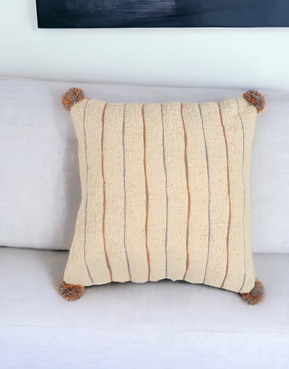 Beige & Orange Linen Cotton (Cover Only) w/ Pom Poms