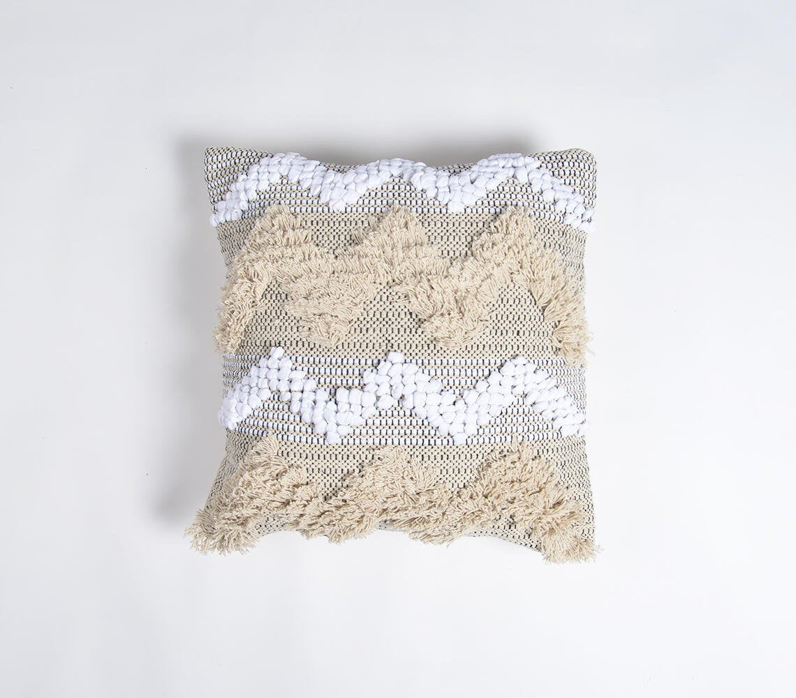 Beige & White Chevron Cotton (Cover Only) w/ Fringe & Tufts