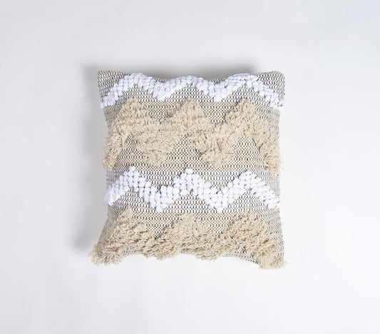 Beige & White Chevron Cotton (Cover Only) w/ Fringe & Tufts