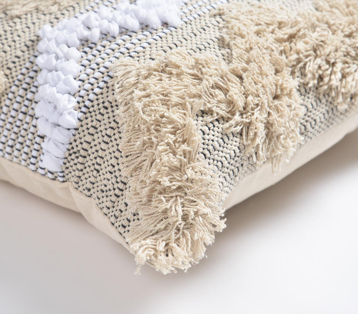 Beige & White Chevron Cotton (Cover Only) w/ Fringe & Tufts