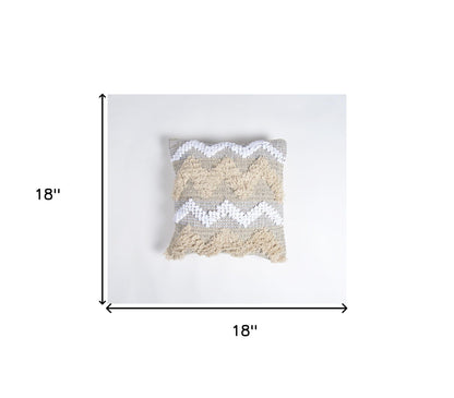 Beige & White Chevron Cotton (Cover Only) w/ Fringe & Tufts