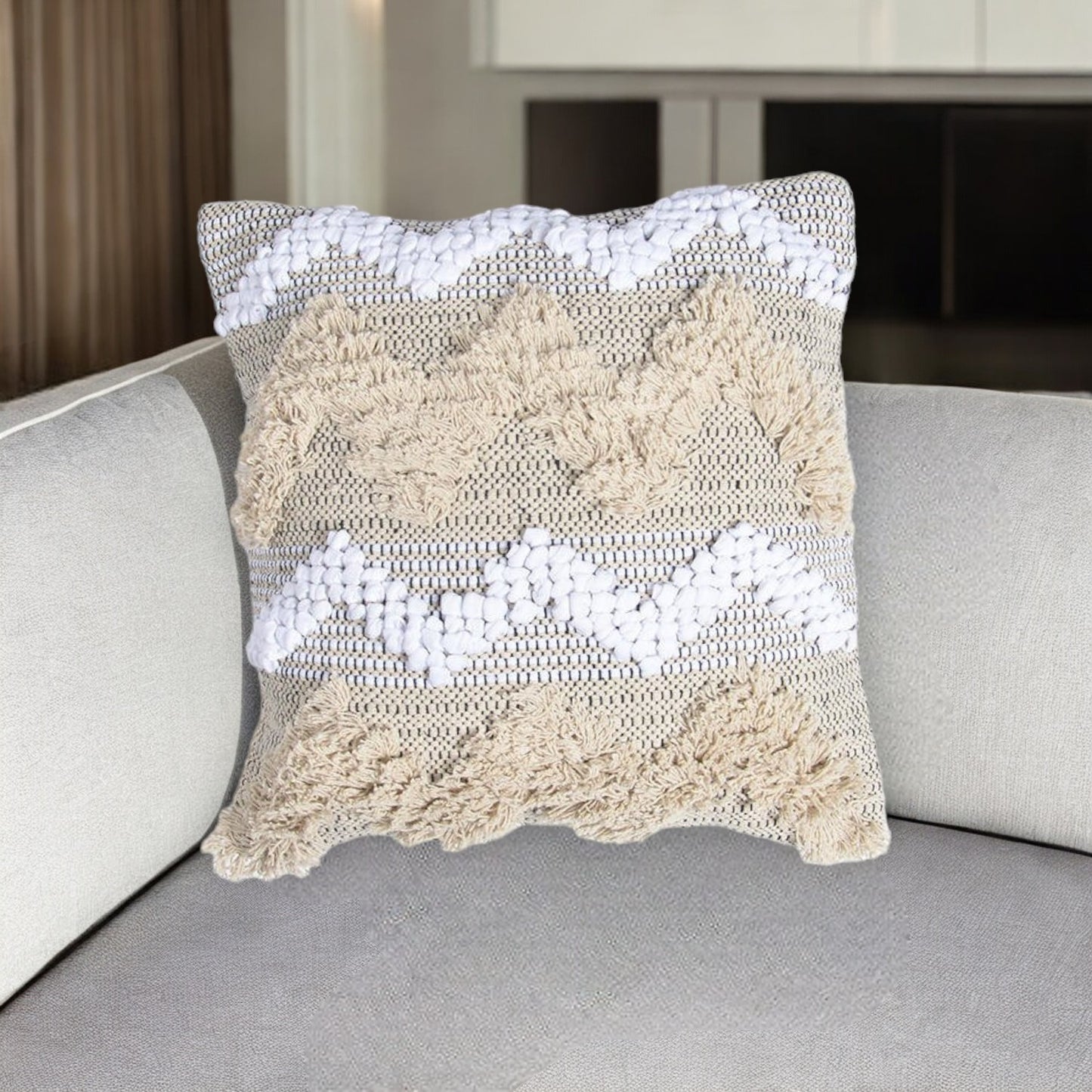 Beige & White Chevron Cotton (Cover Only) w/ Fringe & Tufts