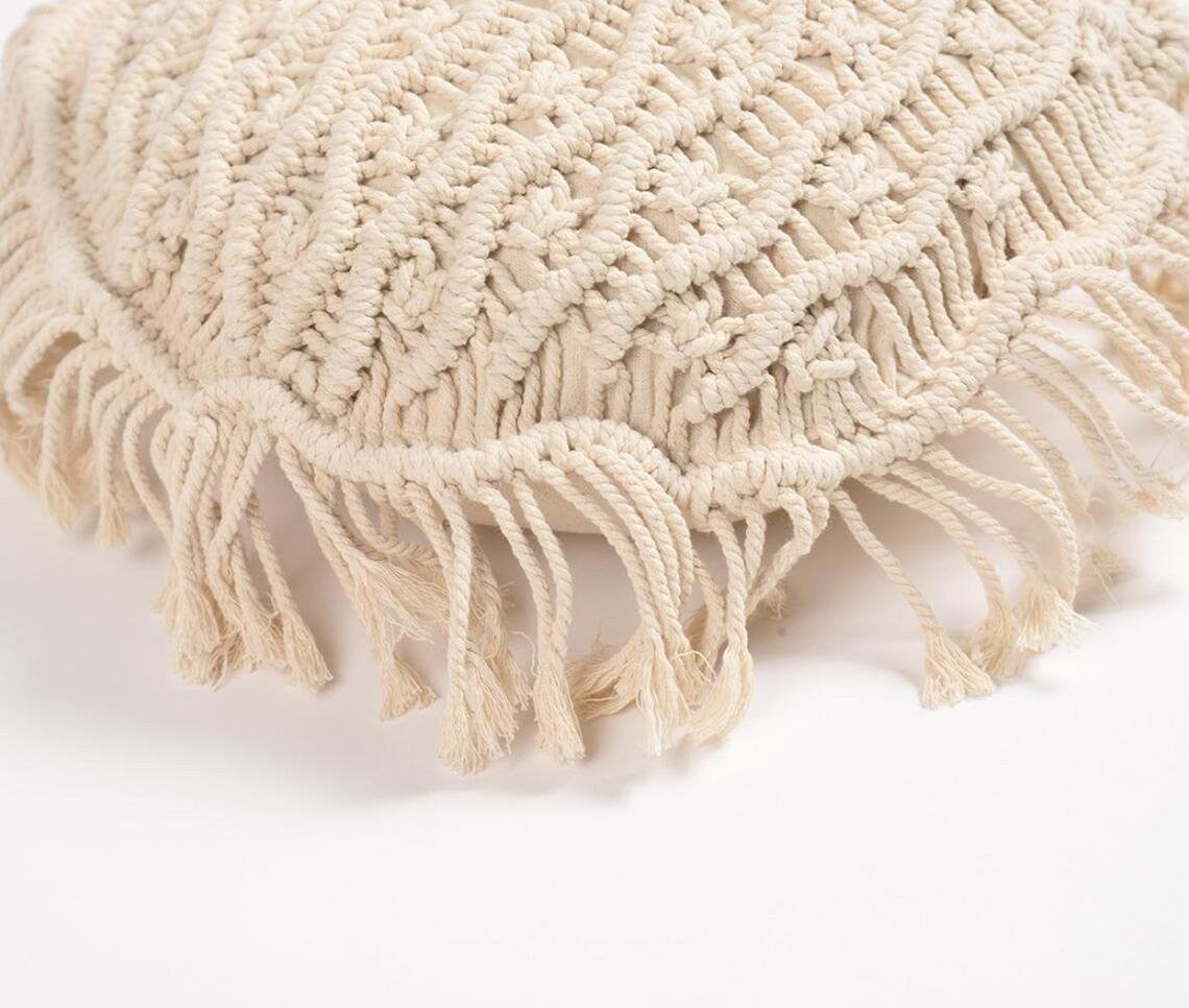 Beige Round Wavy Stripe Cotton (Cover Only) w/ Fringe