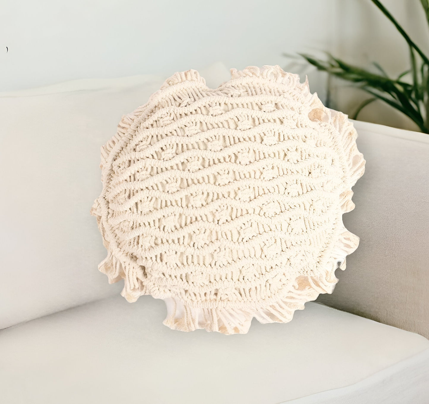 Beige Round Wavy Stripe Cotton (Cover Only) w/ Fringe