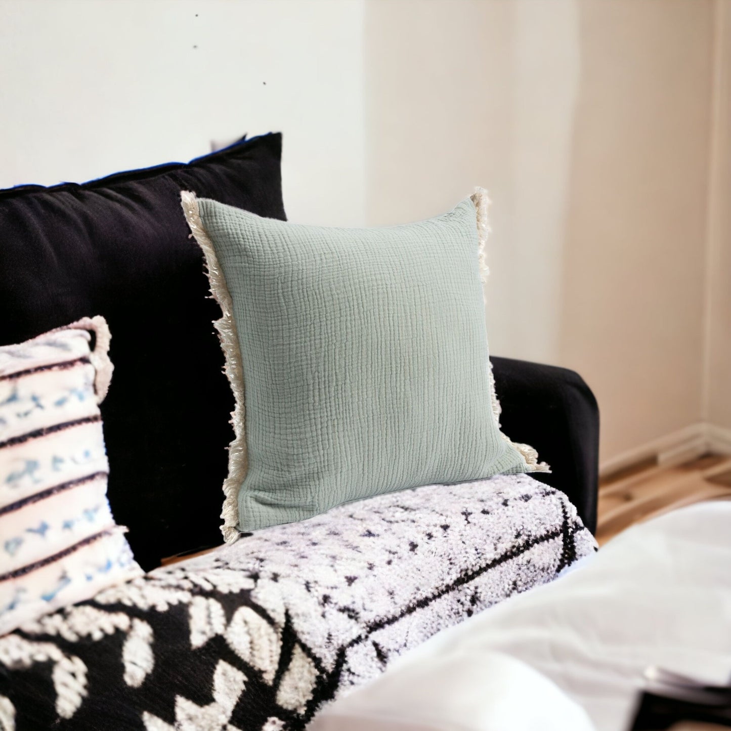 Green Cotton Down Pillow w/ Fringe