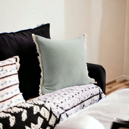 Green Cotton Down Pillow w/ Fringe