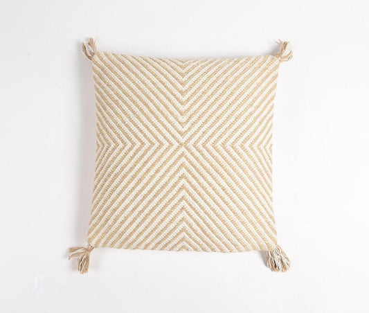 Beige & White Geometric Cotton Blend (Cover Only) w/ Tassels
