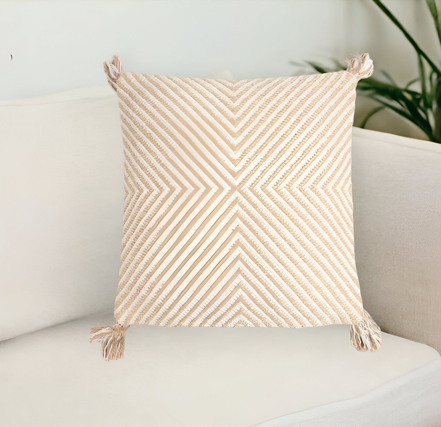 Beige & White Geometric Cotton Blend (Cover Only) w/ Tassels