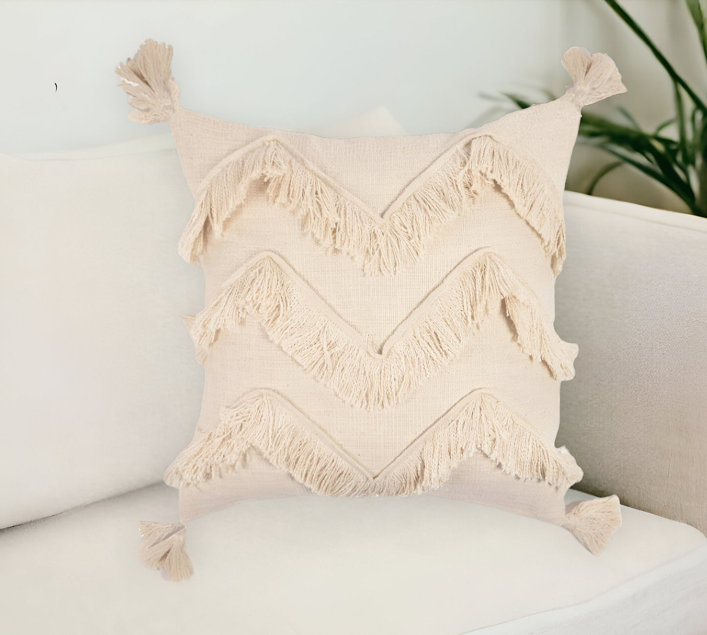 Off White Chevron Cotton (Cover Only) w/ Fringe & Tassels
