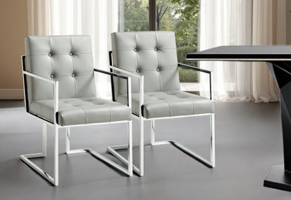 Tufted Light Gray & Silver Metallic Faux Leather Dining Chairs - Set of 2