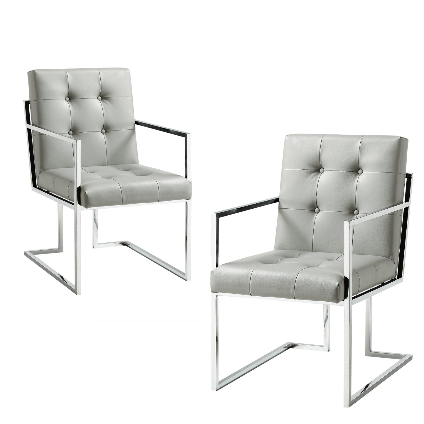 Tufted Light Gray & Silver Metallic Faux Leather Dining Chairs - Set of 2