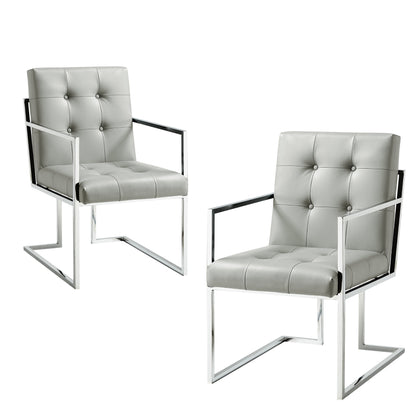 Tufted Light Gray & Silver Metallic Faux Leather Dining Chairs - Set of 2