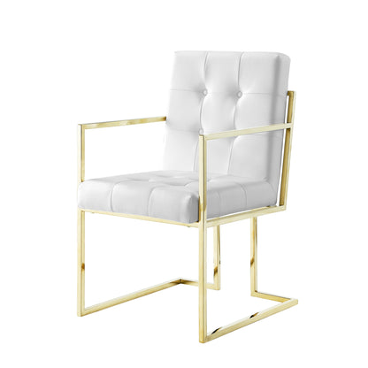 Tufted White & Gold Faux Leather Dining Chairs - Set of 2