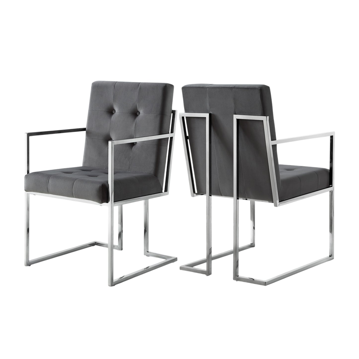 Tufted Gray & Silver Metallic Velvet Dining Chairs - Set of 2
